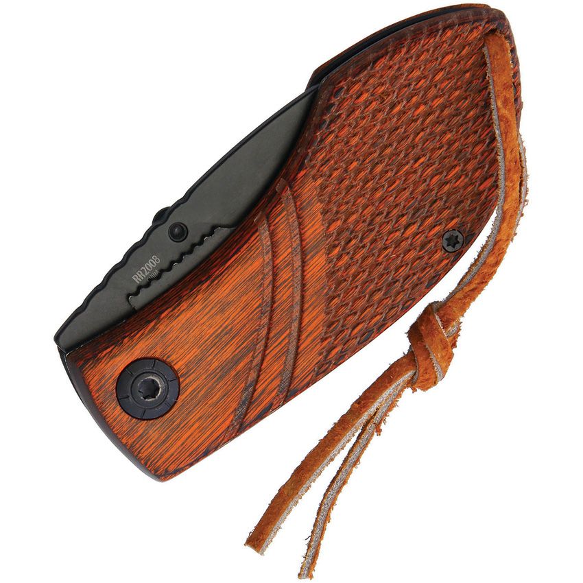 Compact Linerlock Wood Knife with 3.5-inch brown checkered wood handle and black finish stainless steel blade, featuring thumb stud, lanyard hole, and pocket clip.