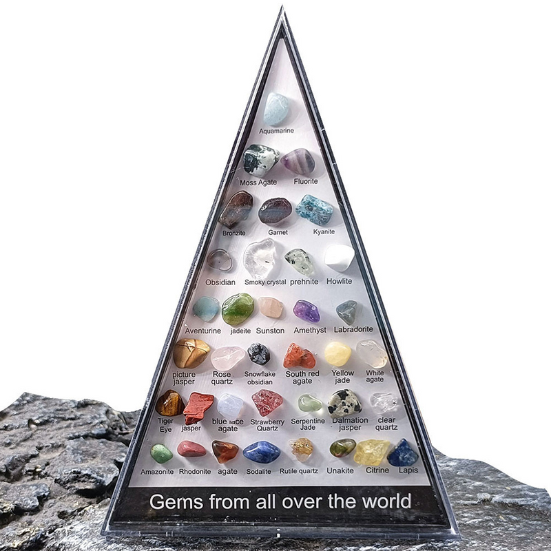 36-piece healing crystal chakra set with multicolor gemstones in triangular display case.