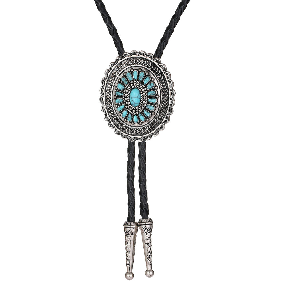 Cowboys carved turquoise flower bolo tie with genuine leather cord and metal tips