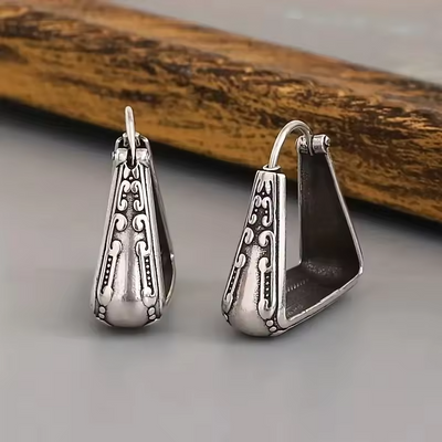 Bohemian metal carving silver geometric hoop earrings with intricate vintage design
