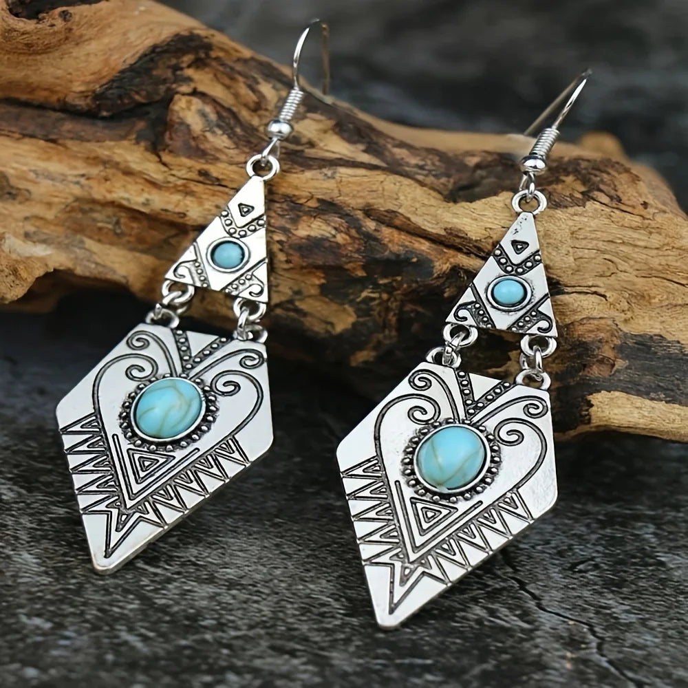 Vintage bohemian creative geometric rhombus earrings with turquoise and red accents, handmade alloy accessories