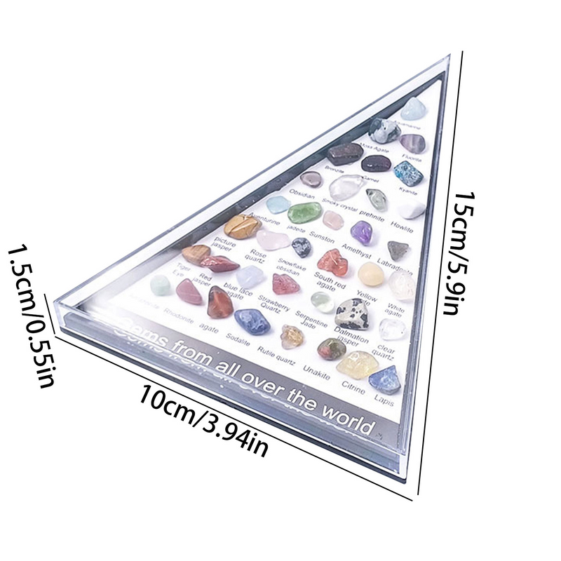 36-piece healing crystal gemstone chakra set in triangular display case.