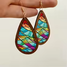 Mosaic stained glass teardrop earrings with colorful kaleidoscope pattern and wooden frame