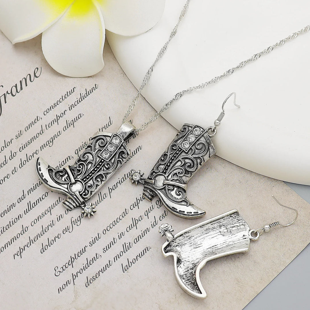 Silver Western Cowgirl Boot pendant necklace with matching detailed boot earrings set