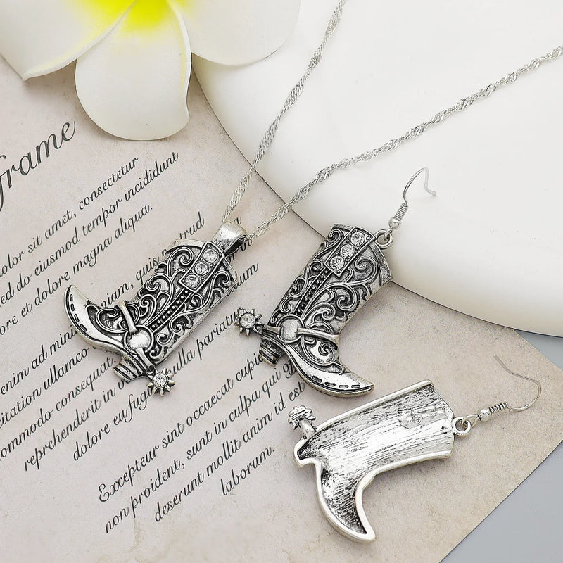 Silver Western Cowgirl Boot pendant necklace with matching detailed boot earrings set