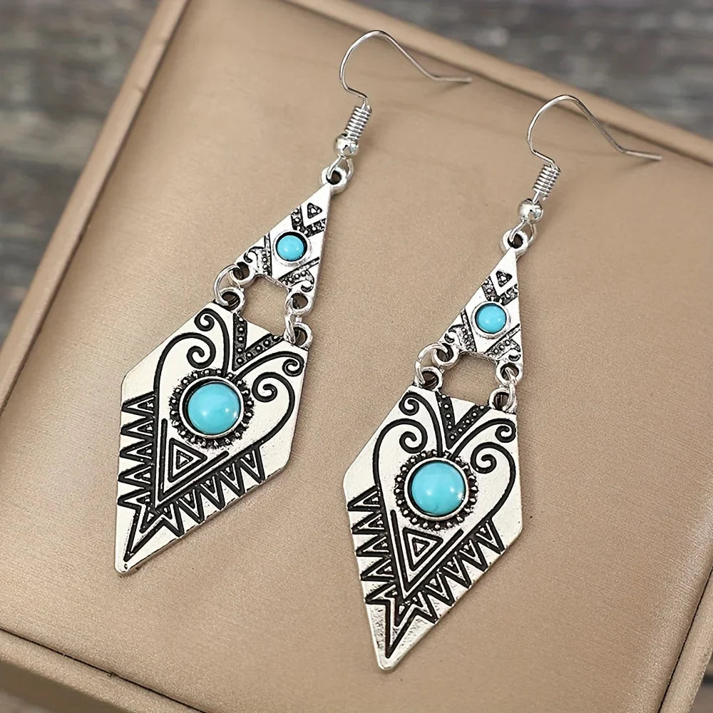 Vintage bohemian creative geometric rhombus earrings with turquoise and red accents, handmade alloy design