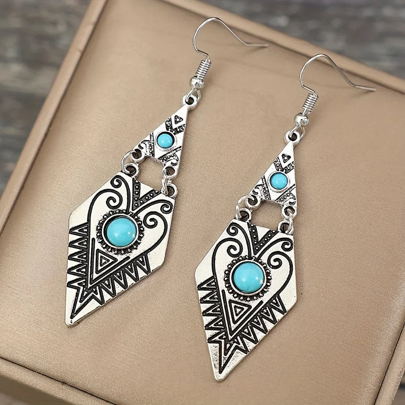 Vintage bohemian creative geometric rhombus earrings with turquoise and red accents, handmade alloy design