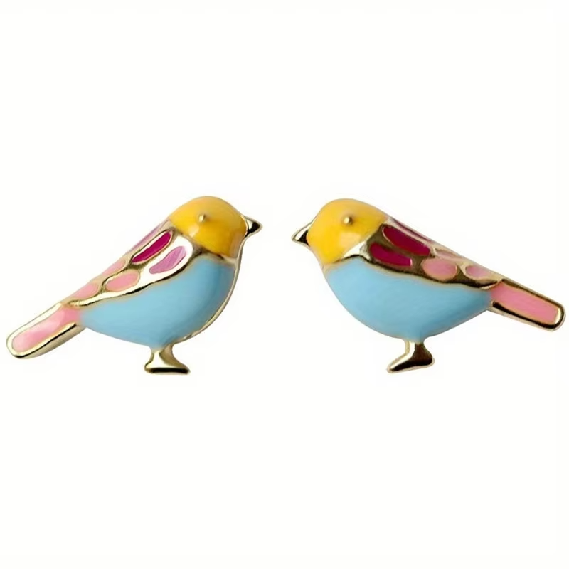 18k gold plated bird enamel stud earrings with colorful design.