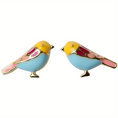 18k gold plated bird enamel stud earrings with colorful design.
