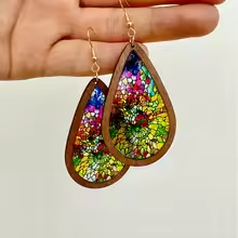 Mosaic stained glass teardrop earrings with vibrant kaleidoscope pattern and wooden frame