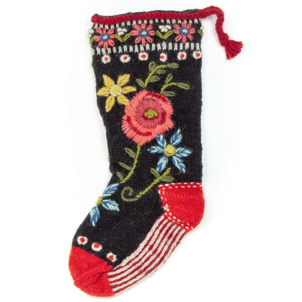 Floral Spray Christmas Stocking in black wool with colorful hand-embroidered floral designs and red accents.