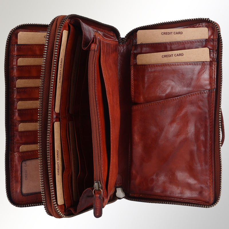 Spaghetti Western Sling SWC213CG handmade brown leather wallet with multiple card slots and zippered compartments open view