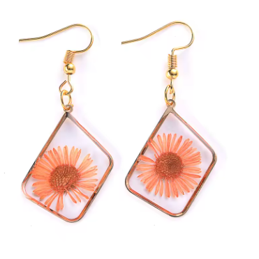 Transparent dried flower pendant earrings in geometric resin design with gold hooks