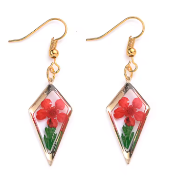 Transparent dried flower pendant resin earrings with red flowers in geometric design