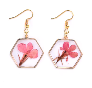 Transparent dried flower pendant resin earrings with geometric design and gold hooks