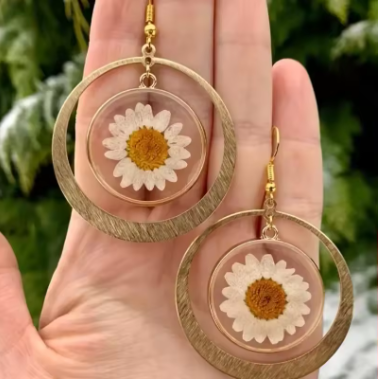White Daisy Pressed Resin Earrings