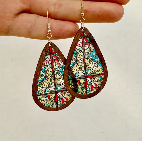 Mosaic stained glass teardrop earrings with colorful kaleidoscope pattern and wooden frame