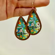 Mosaic stained glass teardrop earrings with colorful kaleidoscope pattern and wooden frame