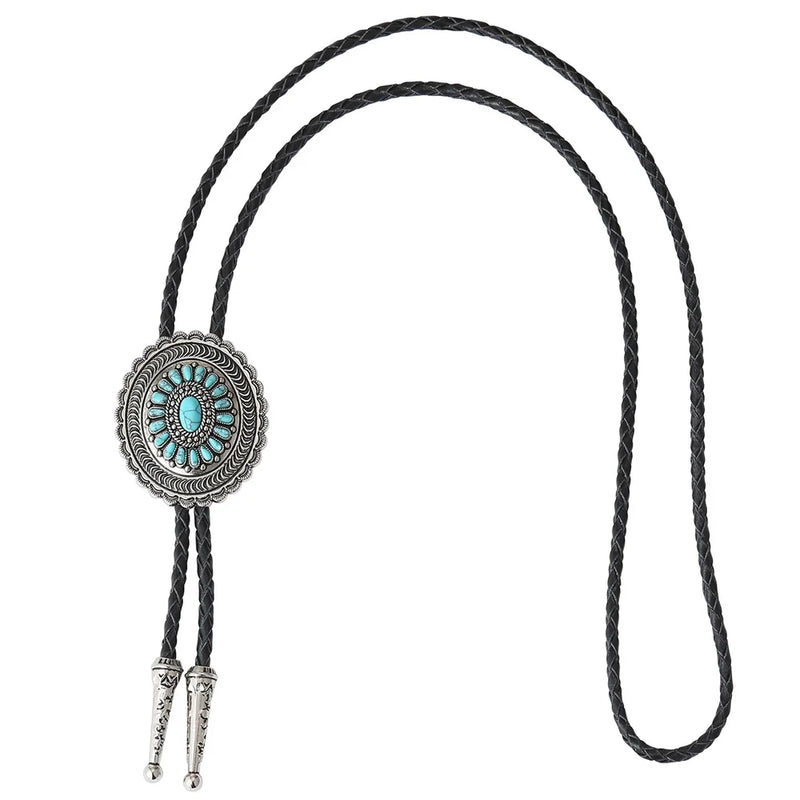 Cowboys carved turquoise flowers bolo tie with genuine leather cord and metal tips