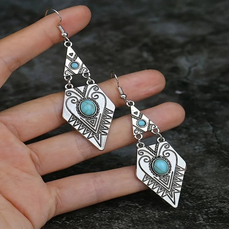 Vintage bohemian creative geometric rhombus earrings with synthetic turquoise and red accents