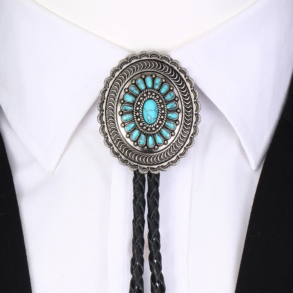 Cowboys Carved Turquoise Flowers Poirot Bolo Tie With Genuine Leather Cord