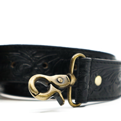 Prairie Spirit Adjustable black hand carved leather replacement strap with brass hook clasp