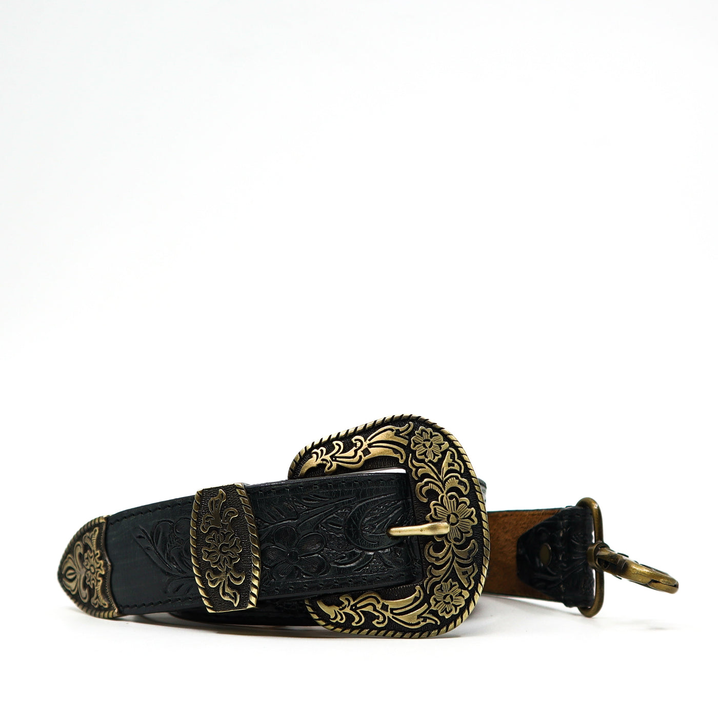 Prairie Spirit Adjustable hand carved leather replacement strap with ornate brass buckle and floral detailing