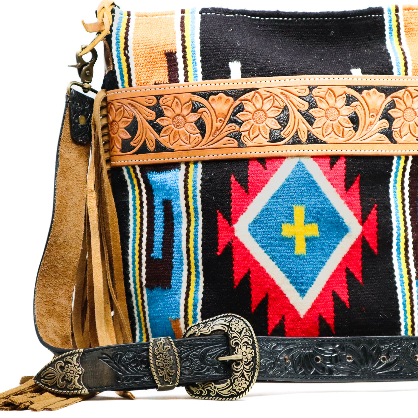 Prairie Spirit Adjustable hand carved leather replacement strap with floral design on southwestern style bag