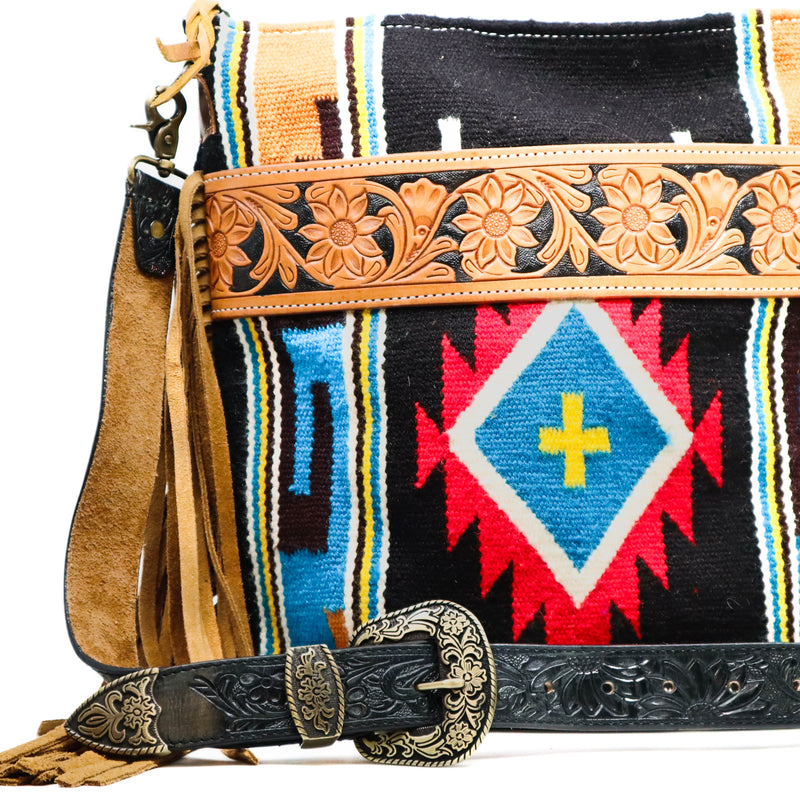 Prairie Spirit Adjustable hand carved leather replacement strap with floral design on southwestern style bag
