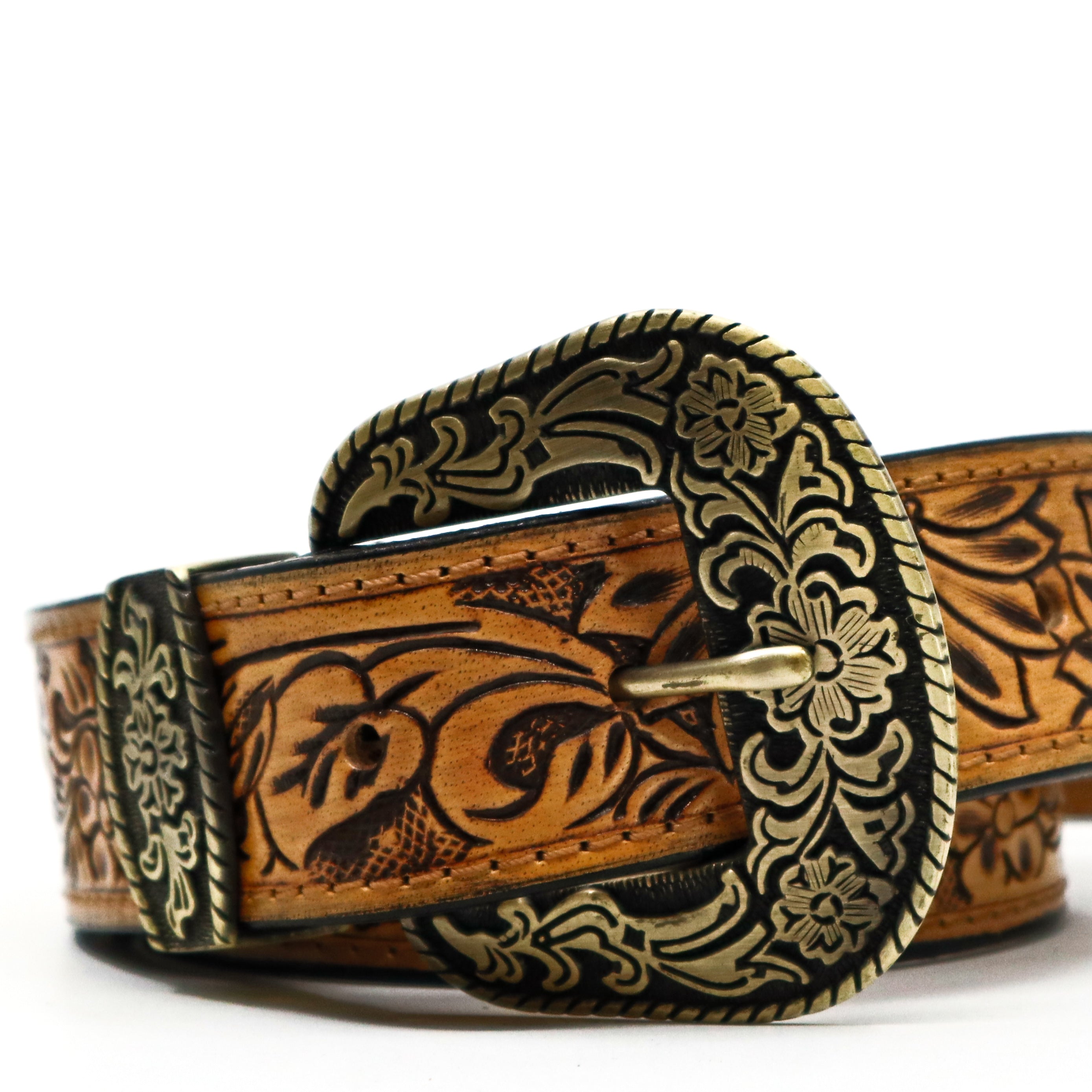 Prairie Spirit adjustable hand carved leather replacement strap with ornate floral buckle and 24-48 inch length