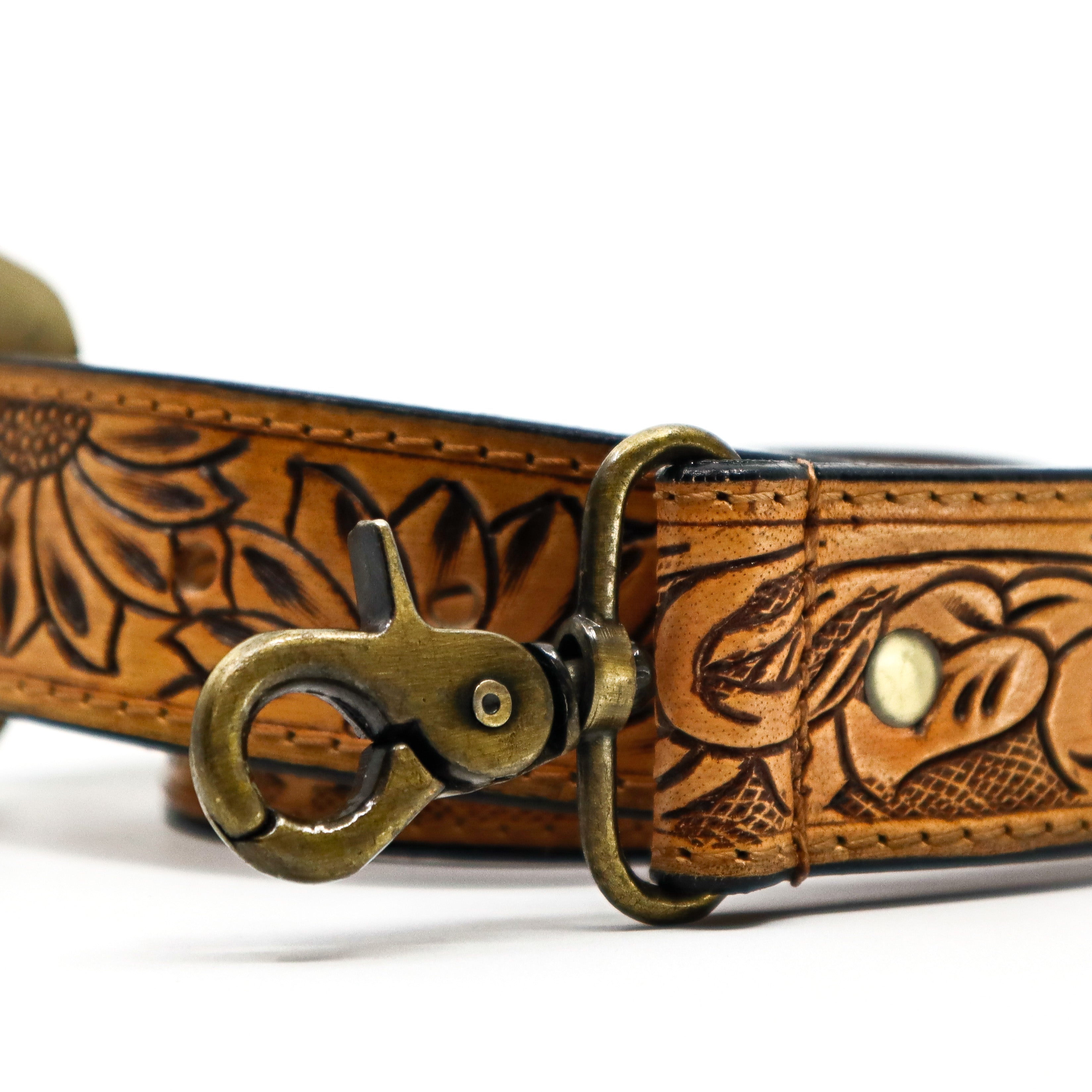 Prairie Spirit Adjustable hand-carved leather replacement strap with floral design and brass hardware