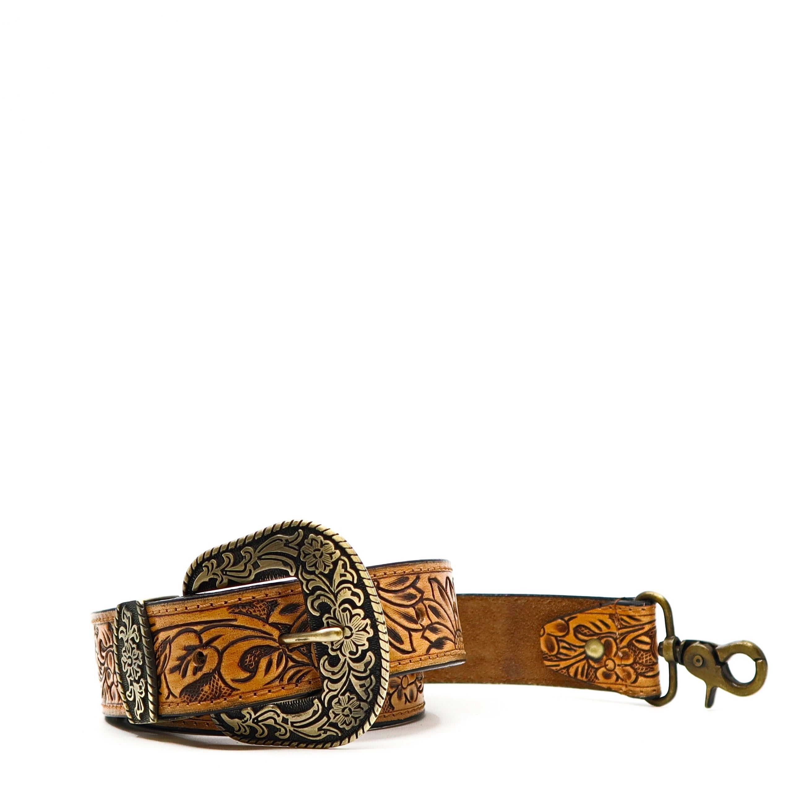 Prairie Spirit Adjustable hand carved leather replacement strap with floral buckle and clasp