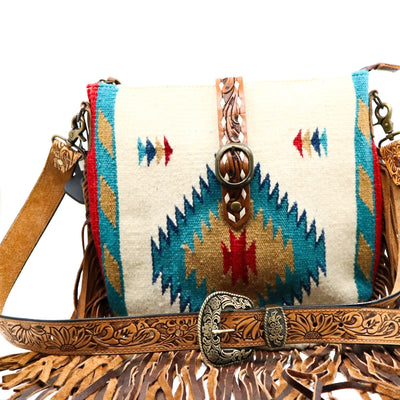 Prairie Spirit Adjustable hand carved leather replacement strap on patterned fringe bag