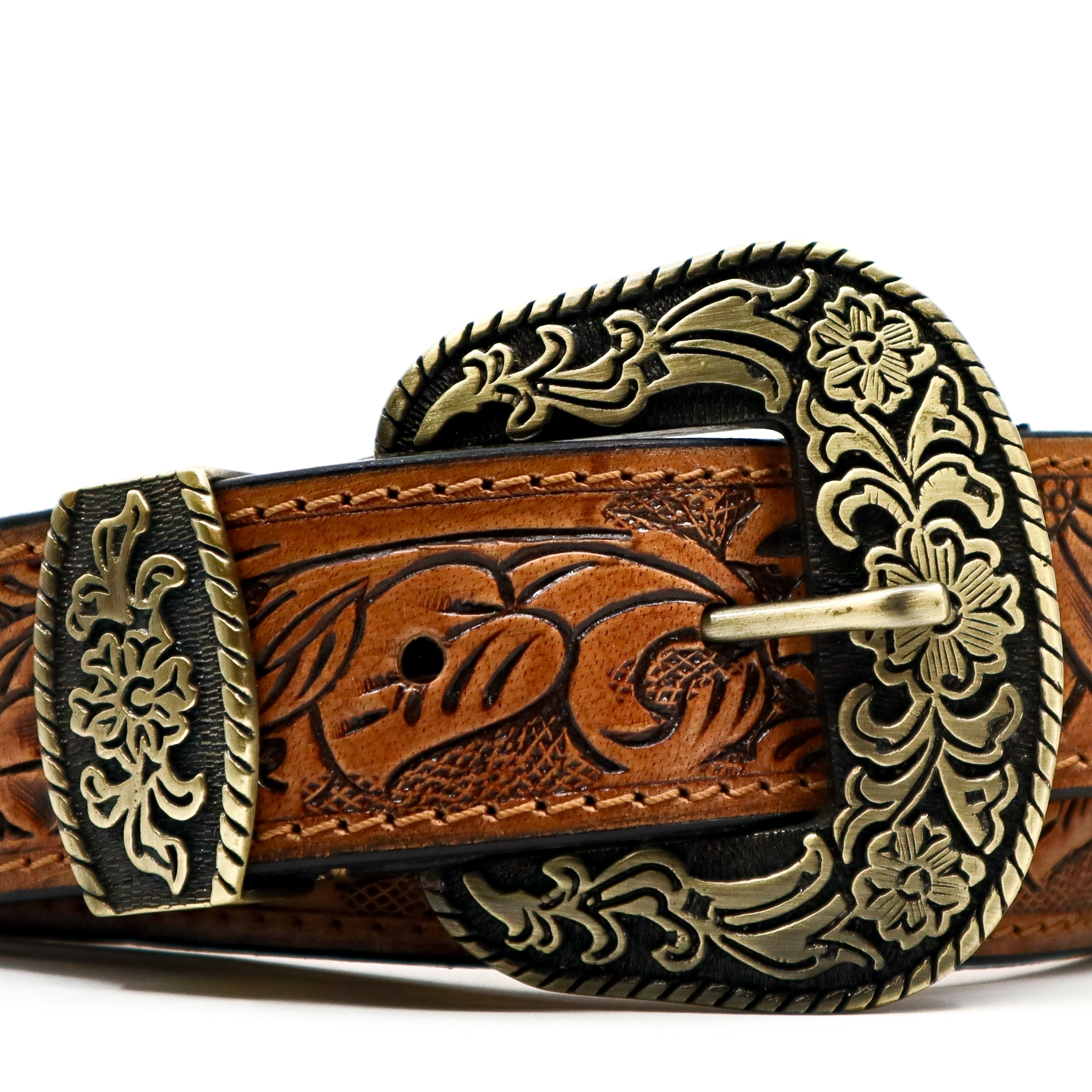 Prairie Spirit adjustable hand carved leather replacement strap with floral engraved buckle