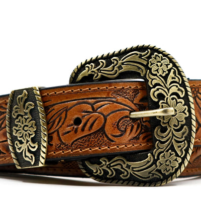 Prairie Spirit adjustable hand carved leather replacement strap with floral engraved buckle
