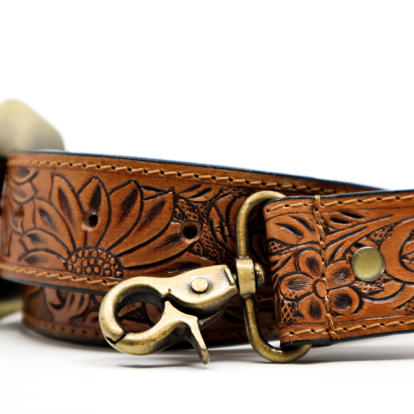 Prairie Spirit Adjustable hand carved leather replacement strap with floral design and brass clasp