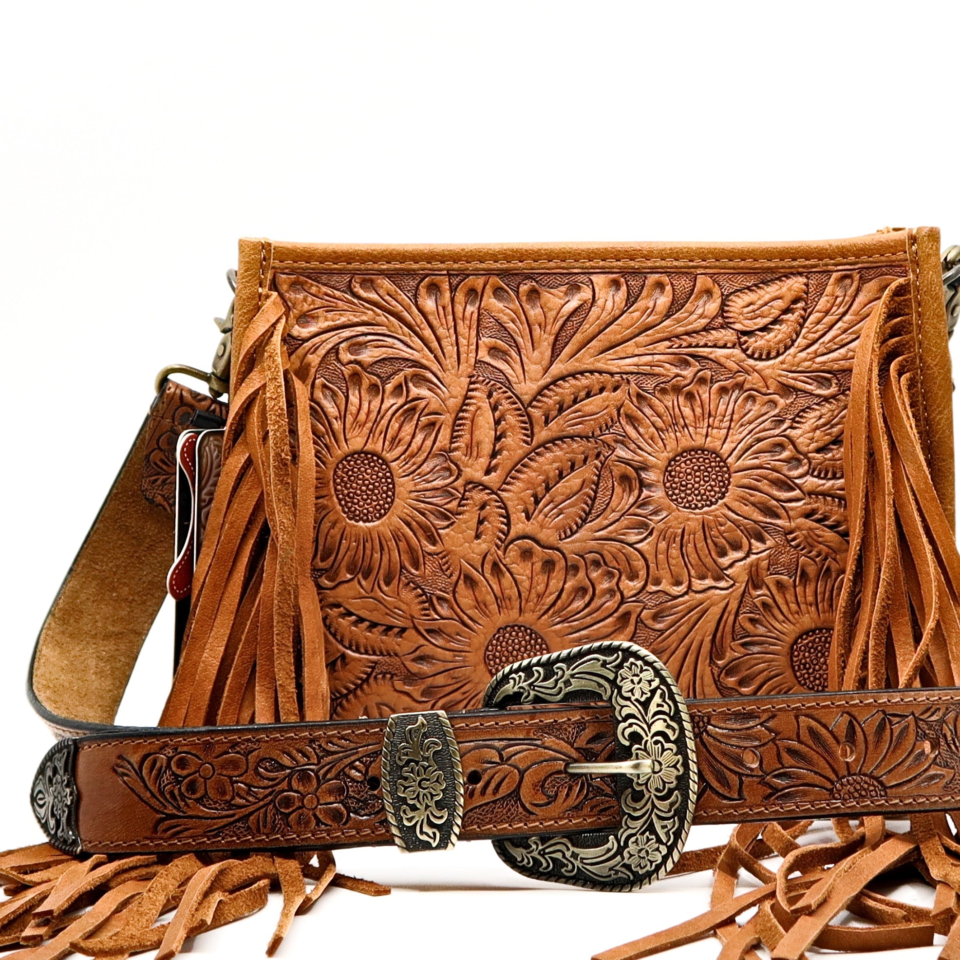 Prairie Spirit Adjustable hand carved leather replacement strap with floral design and decorative buckle