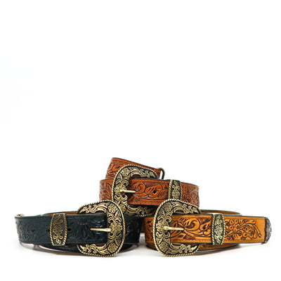 Prairie Spirit Adjustable hand carved leather replacement straps in brown and black with ornate gold buckles