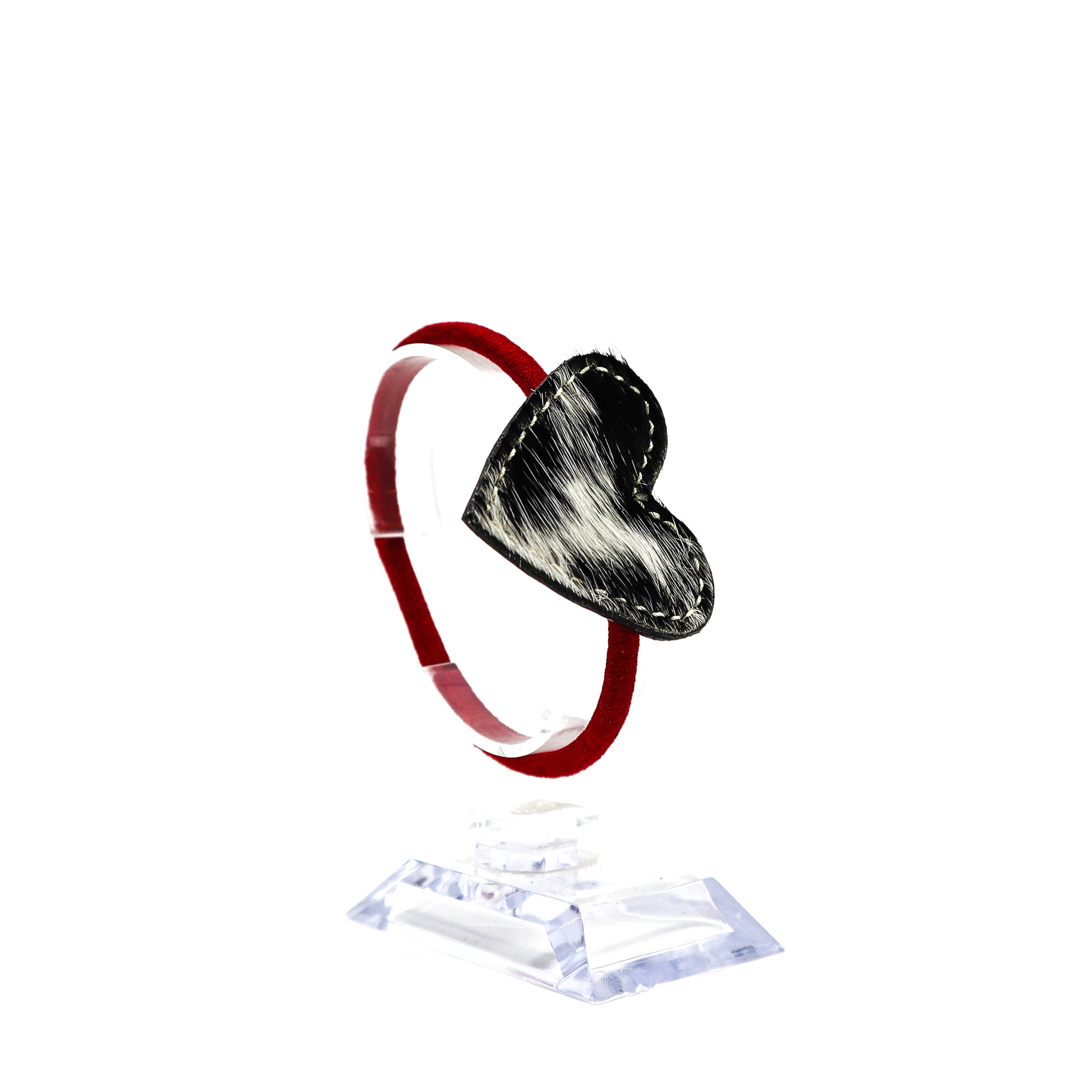 Handmade cow hide leather heart-shaped ponytail holder with red band