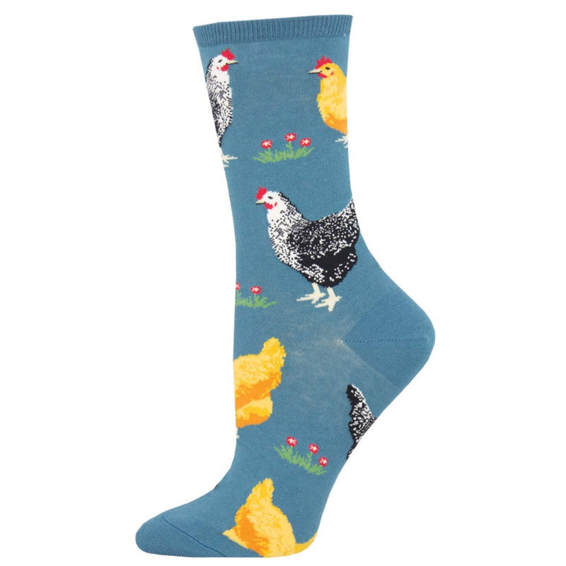 Blue crew socks with colorful chicken and chick design Bock Bock- Socks Smith Crew Socks