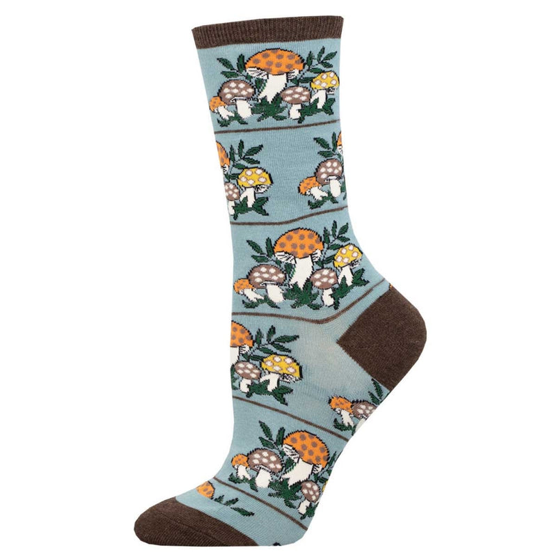 Magic Mountain Socks Smith Crew Socks with mushroom and plant pattern on steel blue background, brown accents, soft and durable crew socks for outdoor lovers.