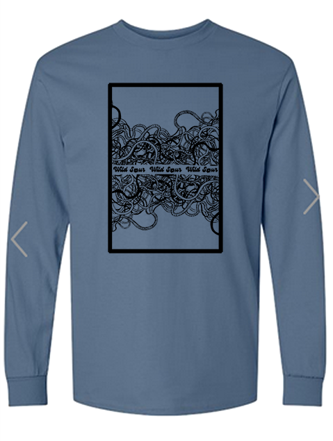 Wild Sour rubber band ball graphic on indigo long sleeve cotton t-shirt