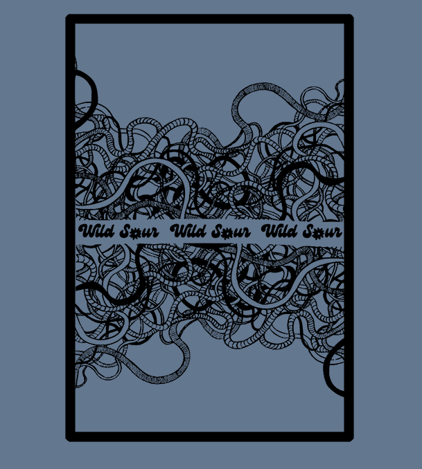 Wild Sour rubber band ball graphic on indigo long sleeve cotton t-shirt