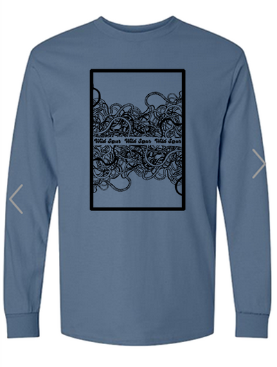 Wild Sour Rubber Band Ball design on indigo long sleeve cotton t-shirt
