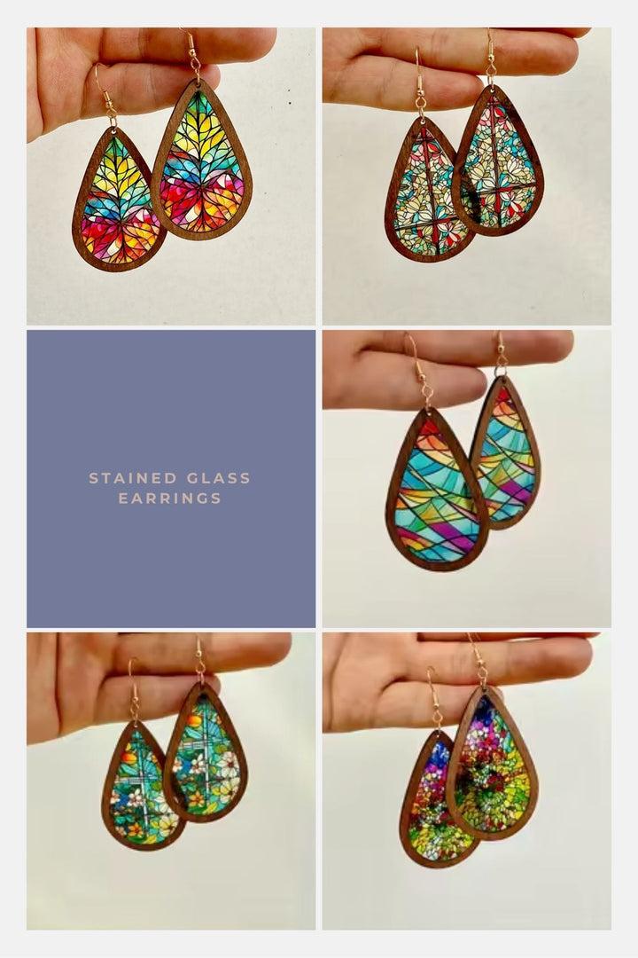 Mosaic stained glass teardrop earrings with vibrant kaleidoscope pattern and wooden frame