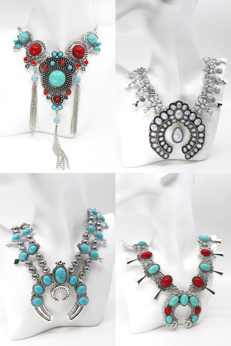 Statement large collar retro moon pendant necklace with boho tribal design and chunky stones