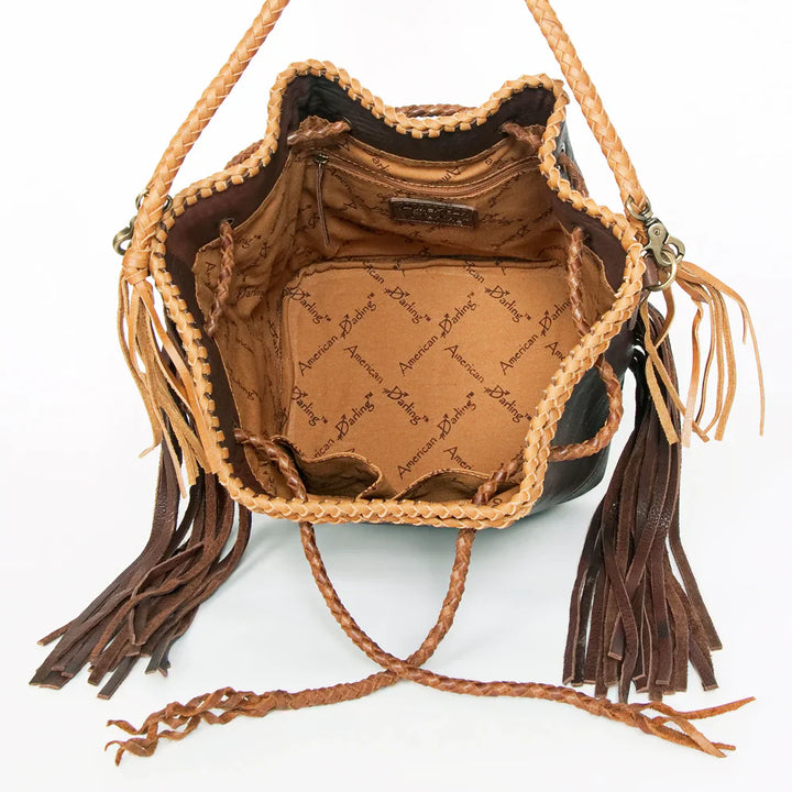 American Darling Bucket Bag ADBGD140 with leather fringes and adjustable strap.