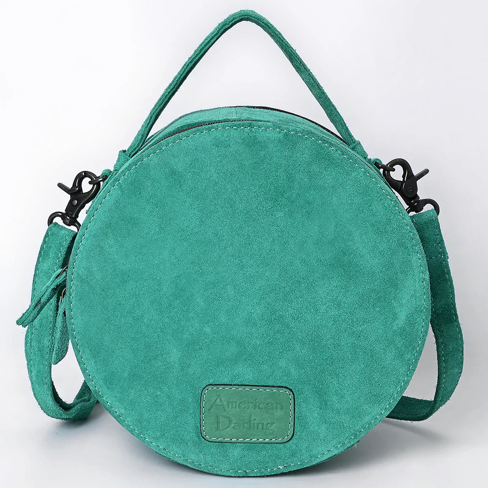 American Darling Canteen Bag ADBG1549B in turquoise suede leather with adjustable strap and antique finish metal fittings.