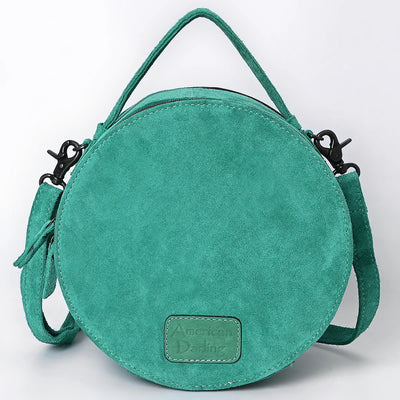 American Darling Canteen Bag ADBG1549B in turquoise suede leather with adjustable strap and antique finish metal fittings.