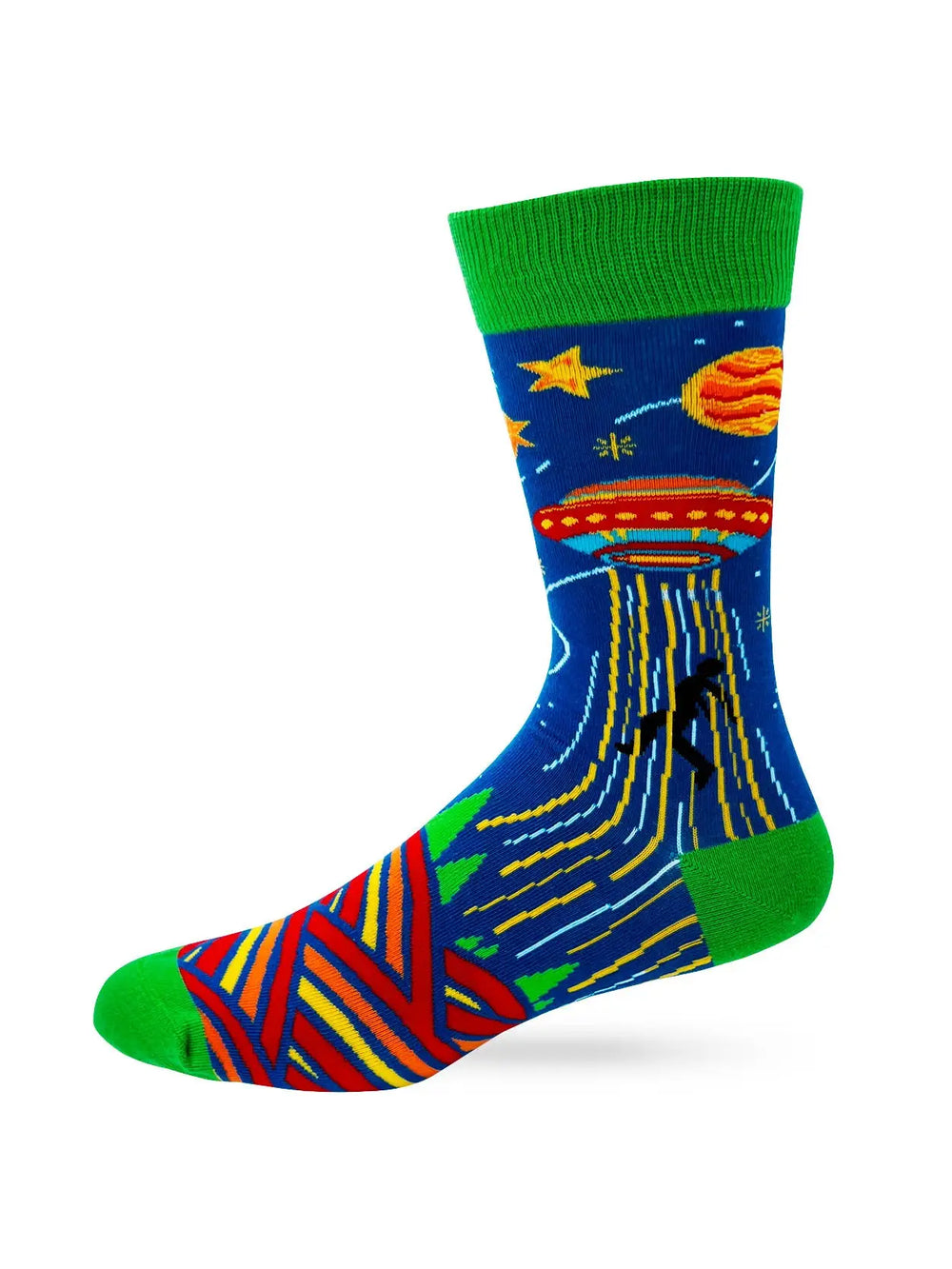 Men's novelty crew sock with colorful UFO and space-themed design and green cuff, heel, and toe